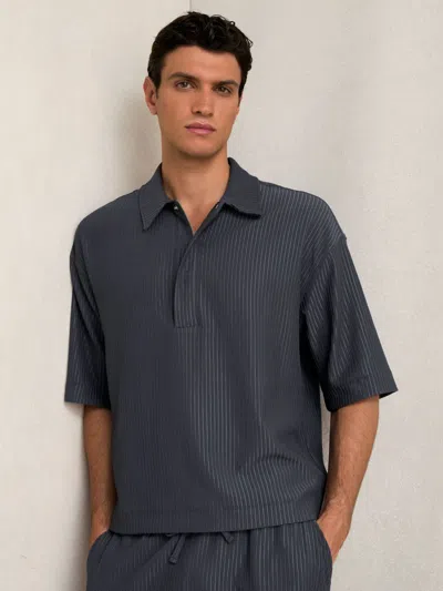 Reiss Petrol Blue Oversized Textured Stripe Polo Shirt
