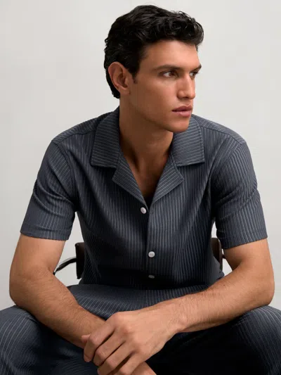 Reiss Petrol Blue Textured-stripe Cuban-collar Shirt In Gray