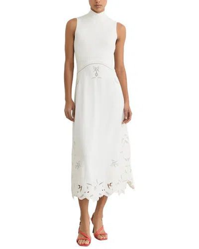 Reiss Phoenix Rib Knit Mix Broderie Midi Dress In White