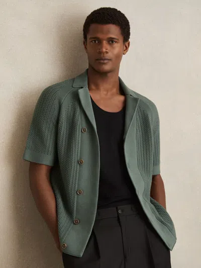 REISS PINE GREEN COTTON TEXTURED-KNIT CUBAN-COLLAR SHIRT