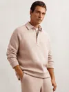 Reiss Costello Long Sleeved Jersey Fleeceback Open Collar Polo Sweater In Neutral