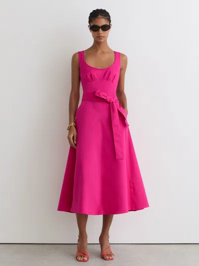 Reiss Womens Pink Irina Belted-waist Stretch-cotton Midi Dress