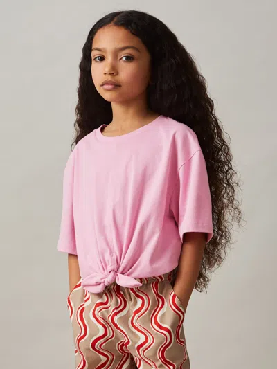 Reiss Pink Cotton Tie-front Cropped T-shirt