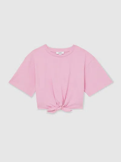 Reiss Pink Cotton Tie-front Cropped T-shirt
