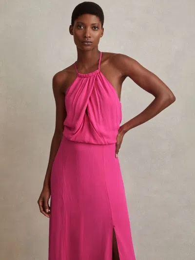 Reiss Pink Drape Front Midi Dress