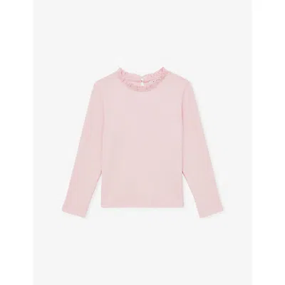 REISS PINK FLORA FRILL-NECK STRETCH-COTTON TOP 9-13