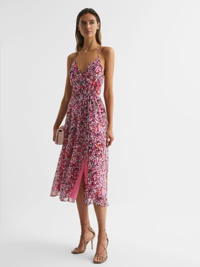 Reiss Pink Floral Printed Midi Dress