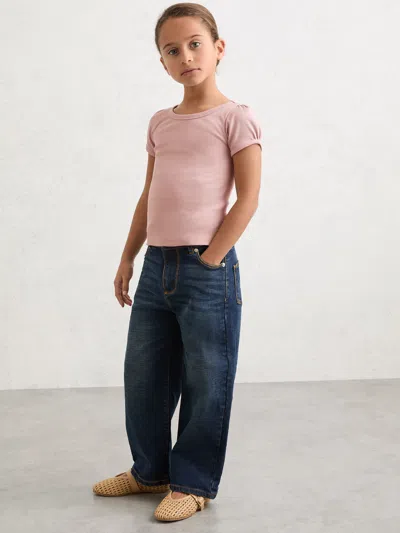 Reiss Babies'  Pink Gracie 3-9 Yrs Stretch-cotton Ribbed Puff-sleeve Top