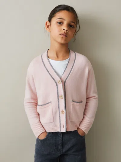 Reiss Pink Juni 9-13 Yrs Wool-blend Stripe-detail Cardigan With Cashmere