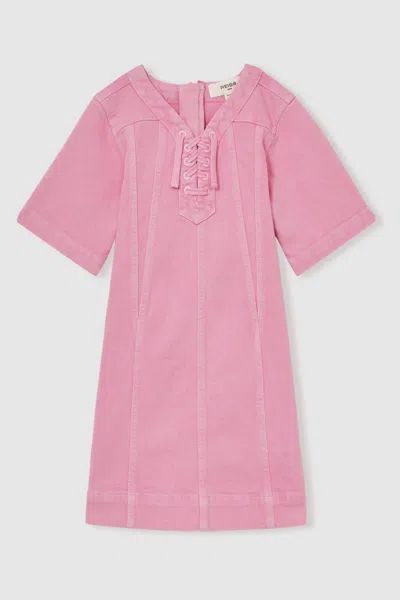 Reiss Pink Lace-up Detail Denim Dress