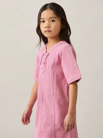 Reiss Pink Lace-up Detail Denim Dress