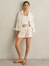 Reiss Pink Linen Pleat-front Belted Shorts In Pink