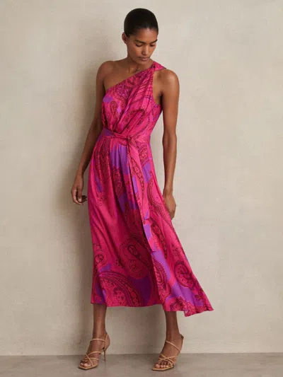Reiss Pink Oe Mila Paisley-print One-shoulder Midi Dress