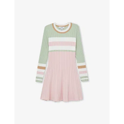 Reiss Kids' Polly Colour-block Long-sleeve Ribbed Stretch-knit Dress 4-9 Years Pink