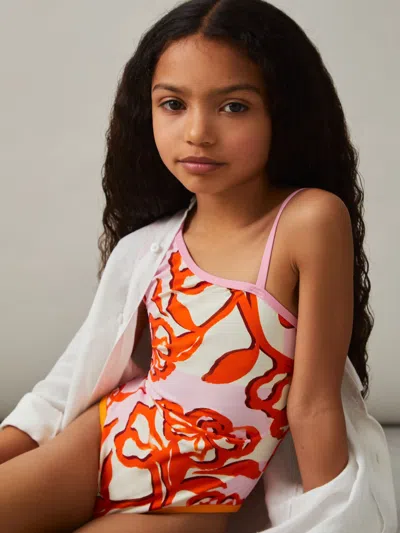 Reiss Kids' Pink Print 4-9 Yrs Floral Print One Shoulder Swimsuit In Multi