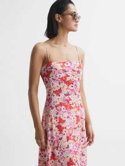 Reiss Pink Print Bonnie Petite Floral Print Fitted Midi Dress In Multi