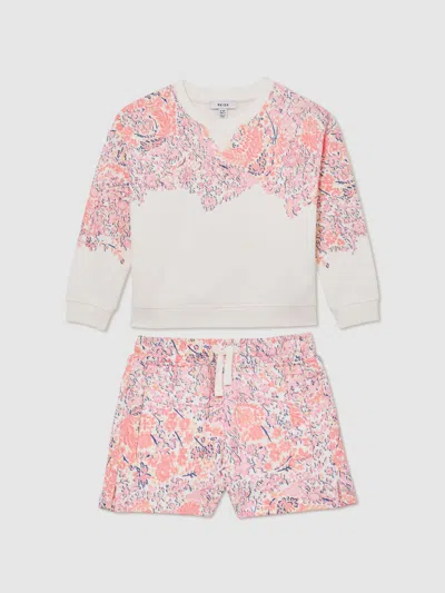 Reiss Kids'  Pink Print Jessie 13-14 Yrs Floral-print Sweatshirt And Shorts Set In Multi