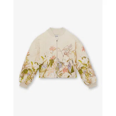 Reiss Kids' Quilted Floral-graphic Print Woven Bomber Jacket 9 In Pink Print