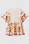 Reiss Pink Print Teen Placement Print Flare Sleeve Dress In Pink Print