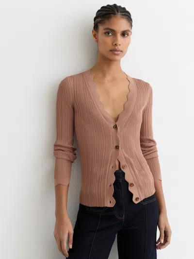 Reiss Womens Pink Vinny Scallop-trim Ribbed-knit Cardigan In Brown