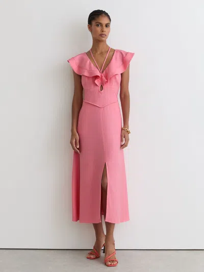 Reiss Pink Ruffle Tie-neck Keyhole Midi Dress