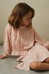 Reiss Pink Senior Metallic Print Puff Sleeve Ruffle Top In Pink