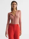 Reiss Pink Silk Wool Blend Ribbed Cardigan In Pink