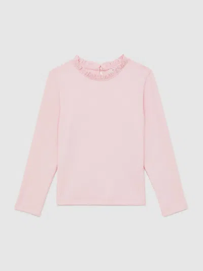 Reiss Pink Stretch-cotton Ruffle-neck Top