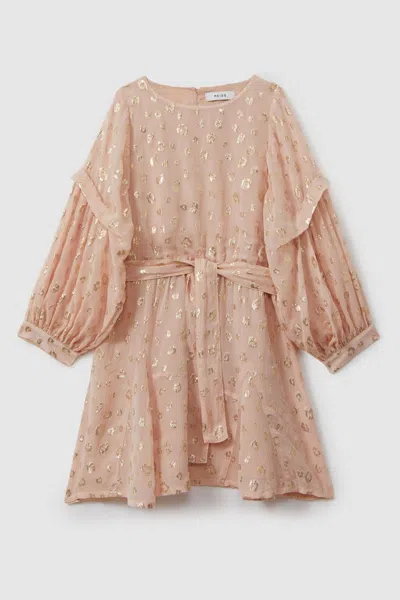 REISS REISS PINK ALLIE 13-14 YRS METALLIC JACQUARD PRINT PUFF SLEEVE DRESS