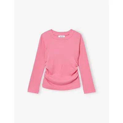 Reiss Kids' Pink Trina Side-ruched Long-sleeve Stretch-cotton T-shirt 9-13