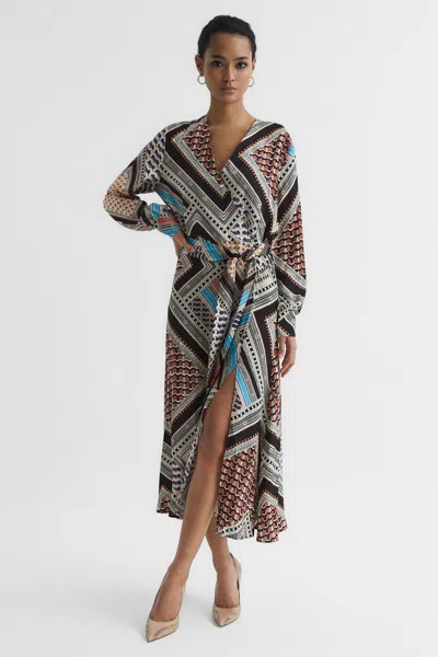 Reiss Pink/blue Scarf Print Midi Dress