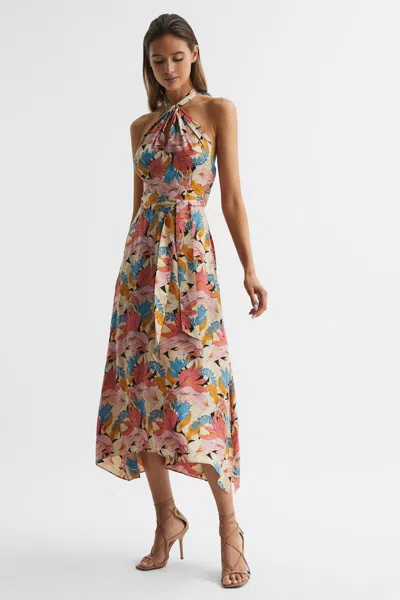 Reiss Pink/neutral Floral Printed Halter Neck Midi Dress
