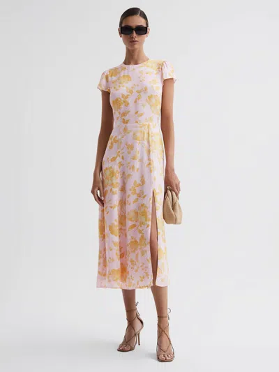 Reiss Pink/yellow Livia Floral Cut-out Back Midi Dress In Multi
