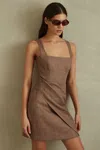 REISS BROWN LINEN PLEAT DETAIL MINI DRESS