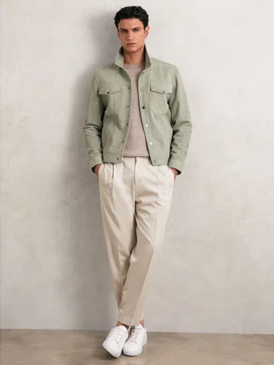 Reiss Pistachio Green Suede Press Stud Trucker Jacket