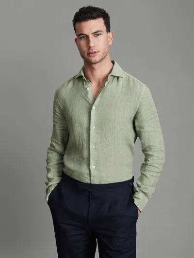 REISS PISTACHIO LINEN BUTTON-THROUGH SHIRT