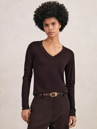 Reiss Plum Jersey V-neck Top In Brown