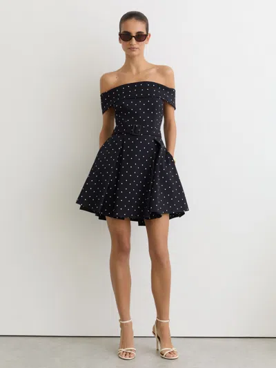 Reiss Womens Navy Ivory Arwen Polka-dot Bardot Stretch-woven Mini Dress In Black