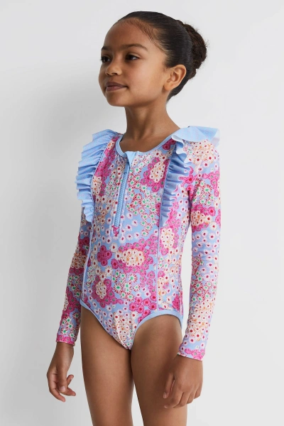 Reiss Poppy - Pink Junior Floral Print Ruffle Long Sleeve Swimsuit, Age 4-5 Years