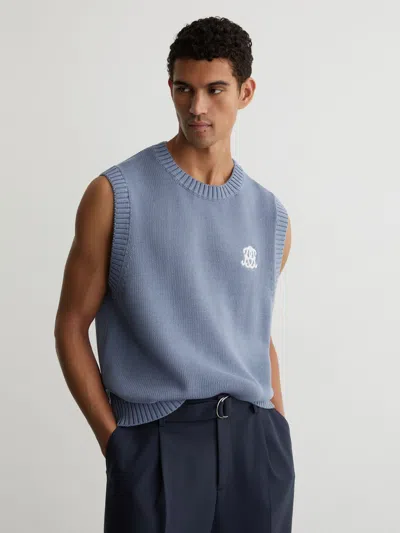 Reiss Powder Blue Coben Monogram Embroidered Relaxed Knit Vest In Multi