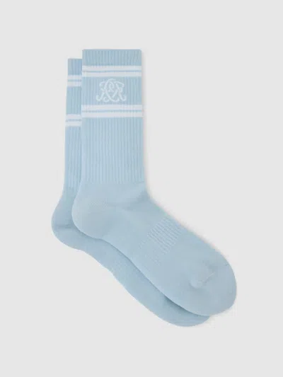 Reiss Powder Blue / White Maurice Monogram Cotton-blend Ribbed Socks