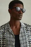 Reiss Lapis Blue Prentice Geometric Print Cuban Collar Shirt In Lapis Blue