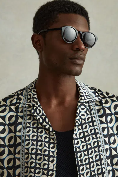Reiss Lapis Blue Prentice Geometric Print Cuban Collar Shirt