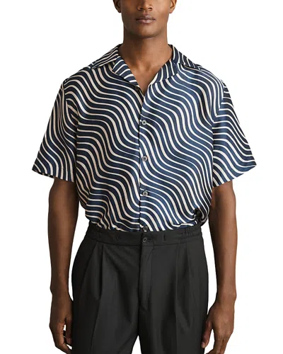 Reiss Printed Camp Shirt In Navy/off White