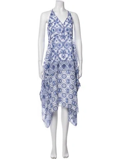 Pre-owned Reiss Printed Midi Length Dress In Blue/white