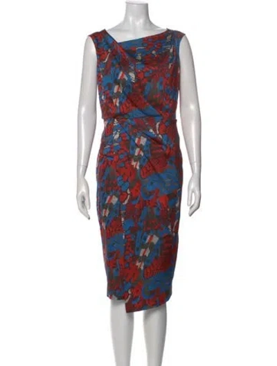Pre-owned Reiss Printed Midi Length Dress W/ Tags In Red
