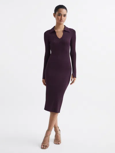 Reiss Purple Collared Knitted Bodycon Dress In Brown