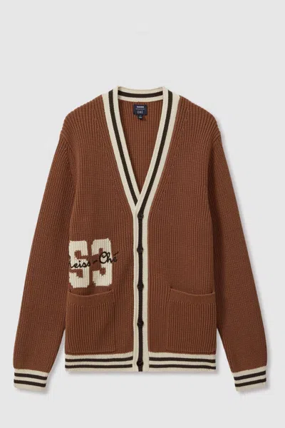 Reiss Tobacco Brown Ché Embroidered Varsity Cardigan