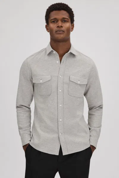 Reiss Ragan - Soft Grey Melange Textured Button-through Shirt, Xl