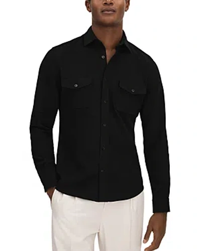 Reiss Raglan Sleeved Jersey Textured Regular Fit Button Down Shirt In Black